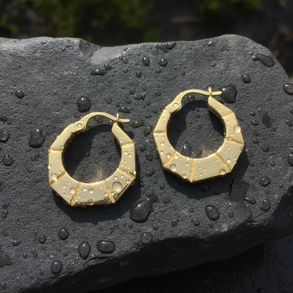 GER135. 14K Gold Hexagon Hollow Hoop Earrings