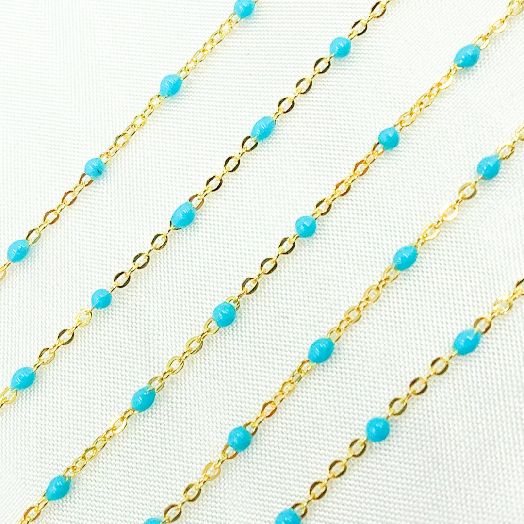 14K Solid Yellow Gold Enamel Turquoise Color Cable Chain