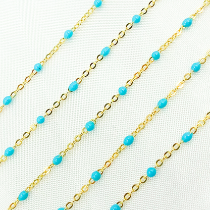 14K Solid Yellow Gold Enamel Turquoise Color Cable Chain