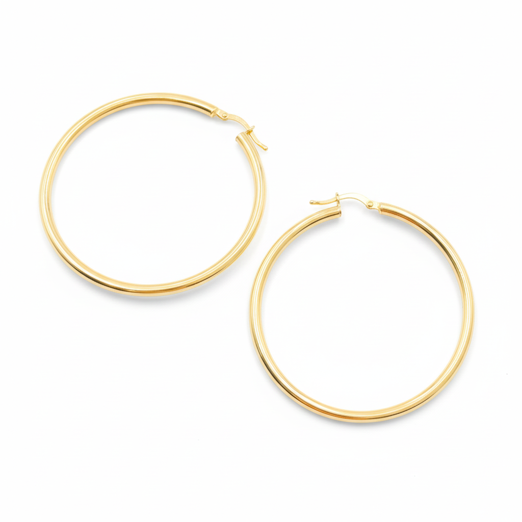 GER82. 14K Solid Gold Hollow Hoop Earrings