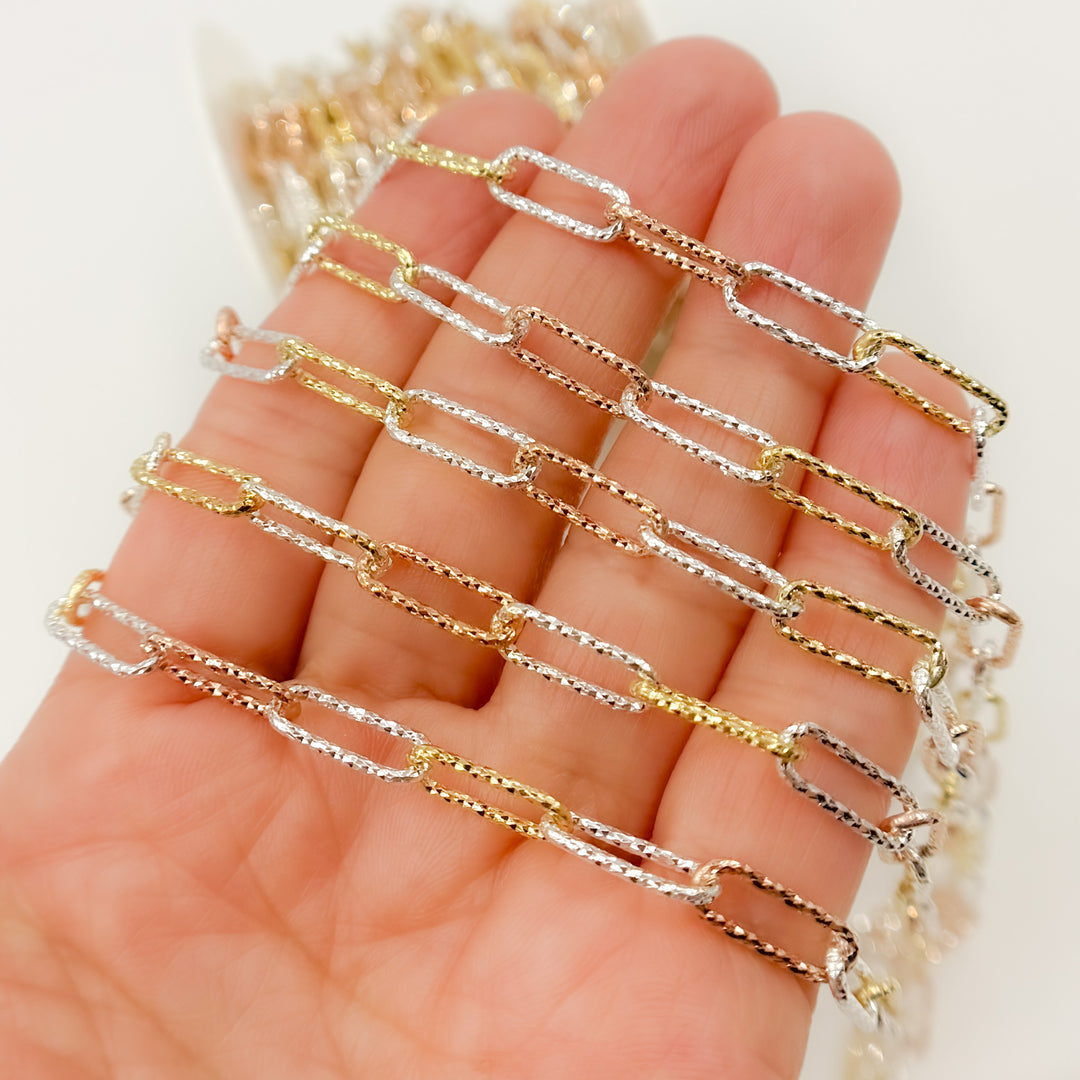 Sterling White Silver Gold and Rose Plated Diamond Cut Paperclip Chain