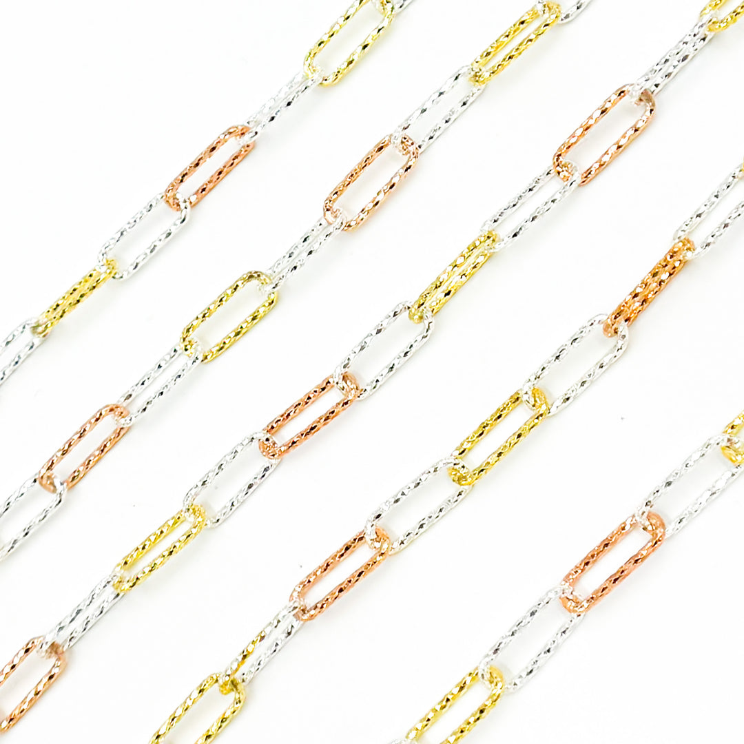 Sterling White Silver Gold and Rose Plated Diamond Cut Paperclip Chain