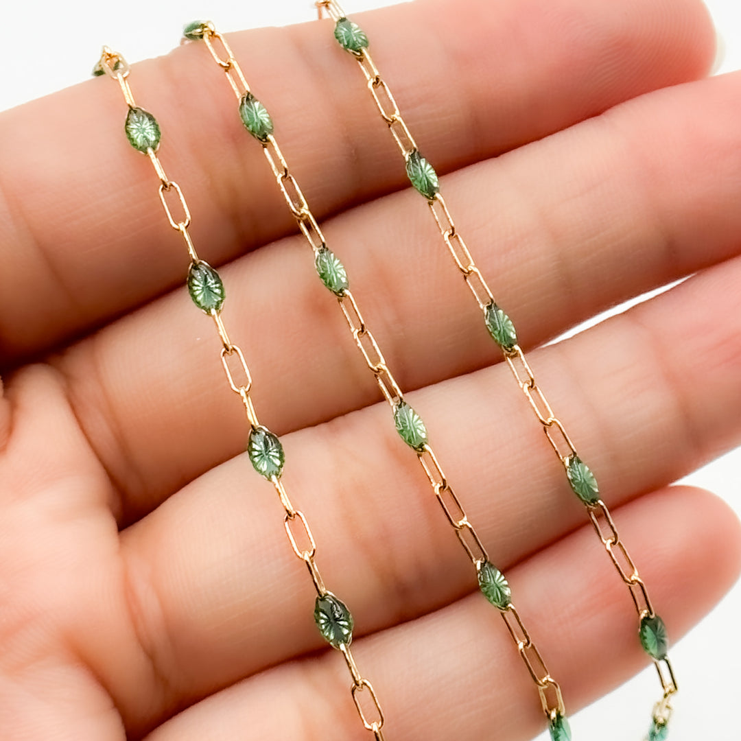 V250-OGGF. 14k Gold Filled Olive Green Color Enamel Satellite Cable Chain