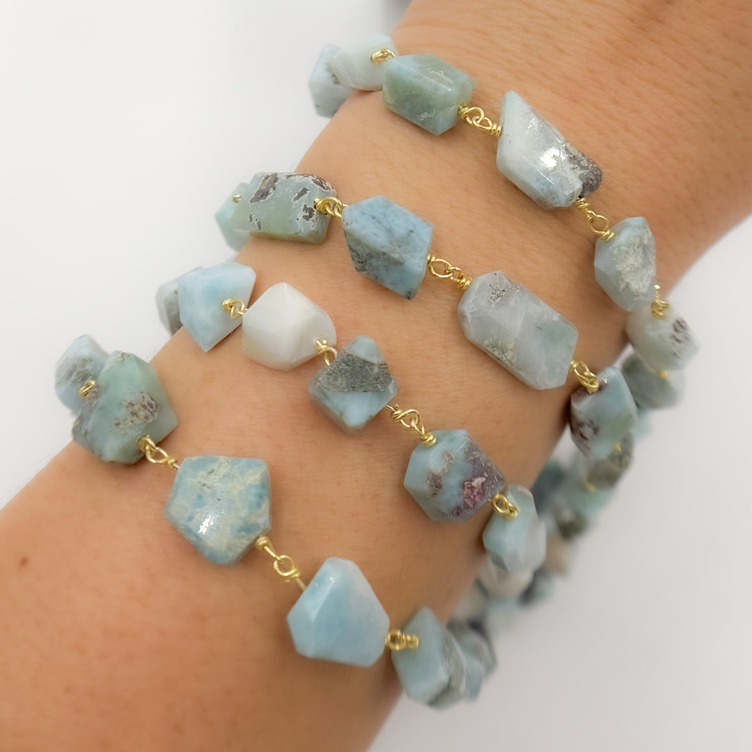 LAR5. Larimar Organic Flat Shape Gold Plated Wire Chain