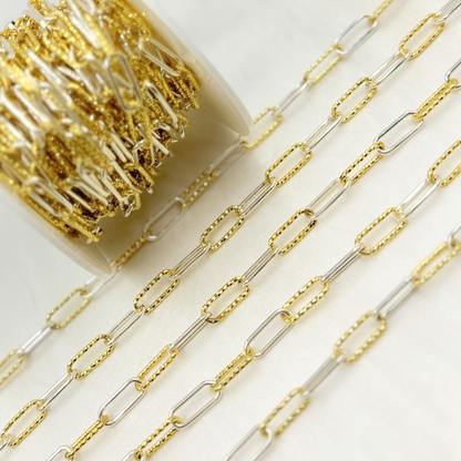 Gold Plated Sterling Silver Smooth & Diamond Cut Paperclip Chain