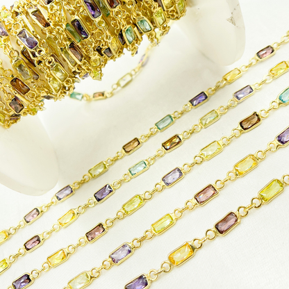 Multi Color Cubic Zirconia Rectangular Shape Connected Chain