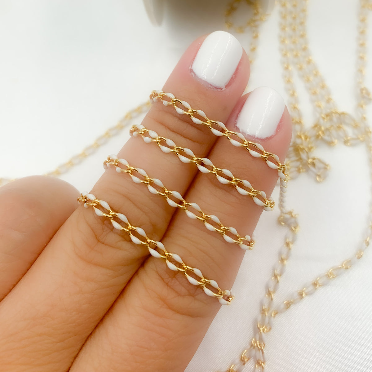 Sterling Silver Gold Plated White Enamel Cable Link Chain