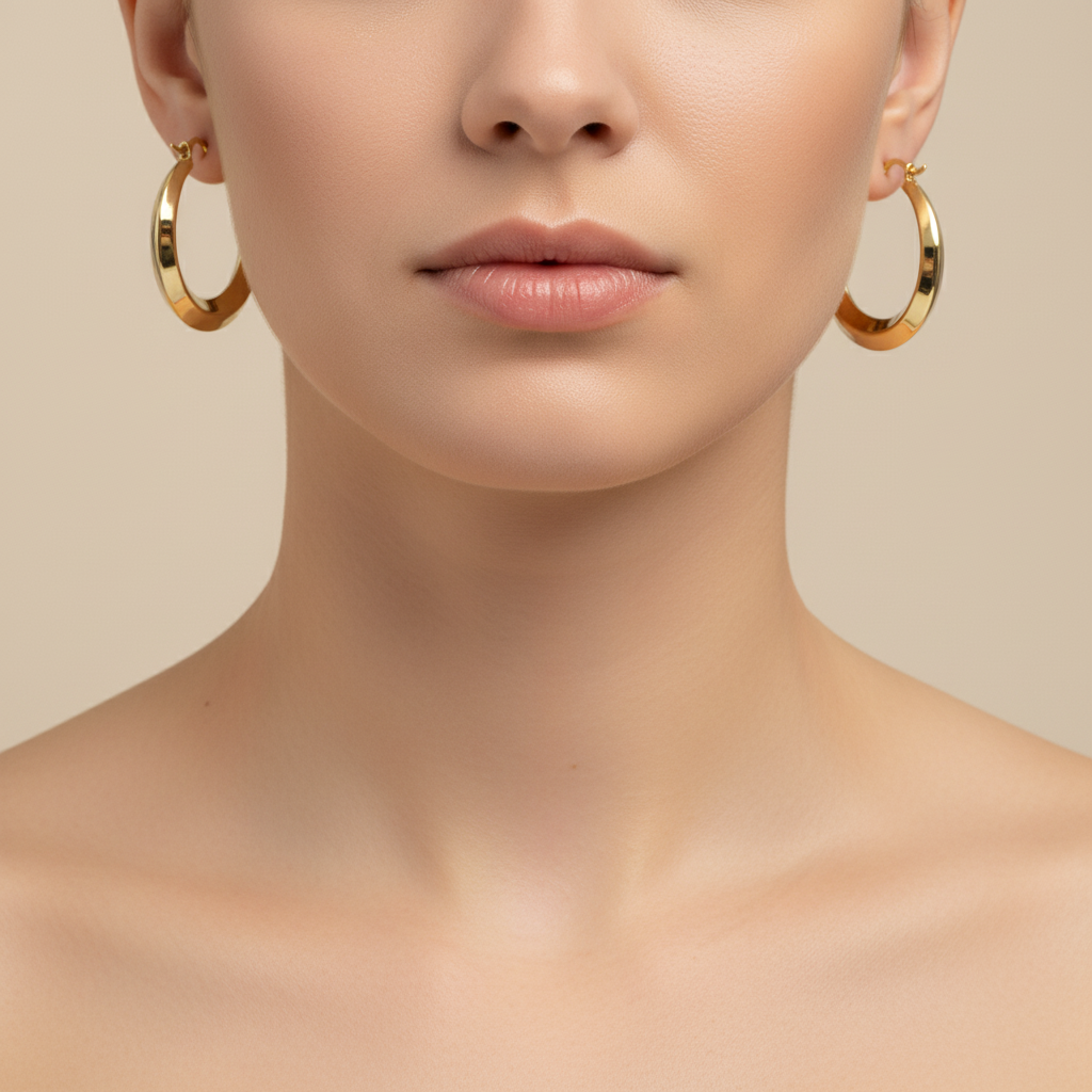 GER131. 14K Solid Gold Hollow Hoop Earrings