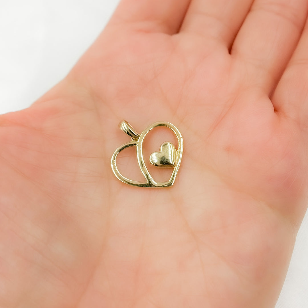 GDP670. 14K Solid Gold Round Heart Charm with Small Heart in the Center