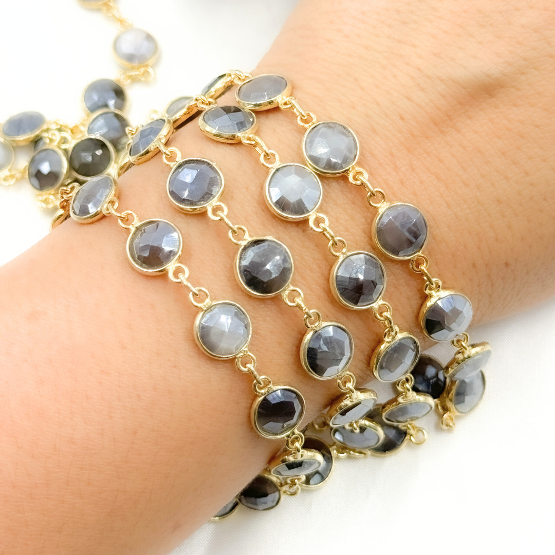 Coated Grey Moonstone Round Shape Bezel Gold Plated Wire Chain. CMS23