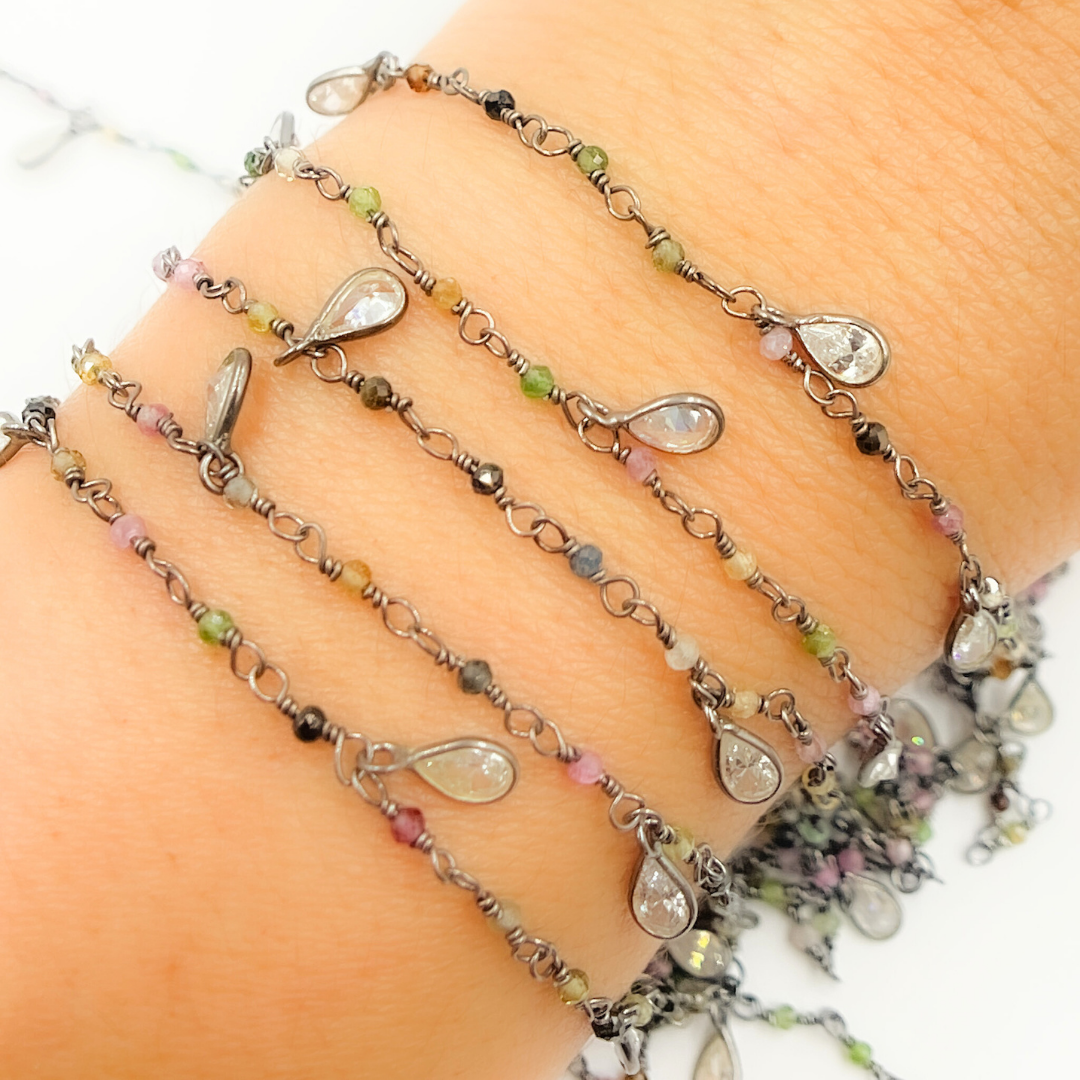 Multi Tourmaline & CZ Dangle Oxidized Wire Chain