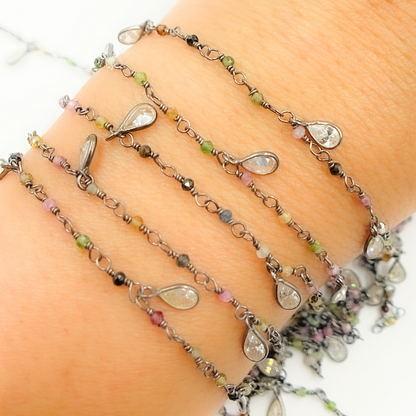 Multi Tourmaline & CZ Dangle Oxidized Wire Chain