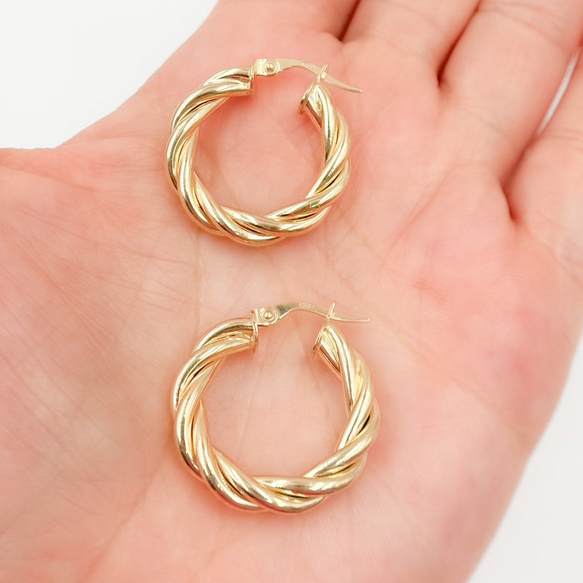15850004969. 14K Solid Gold Fancy Twisted Hollow Hoop Earrings