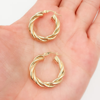 15850004969. 14K Solid Gold Fancy Twisted Hollow Hoop Earrings