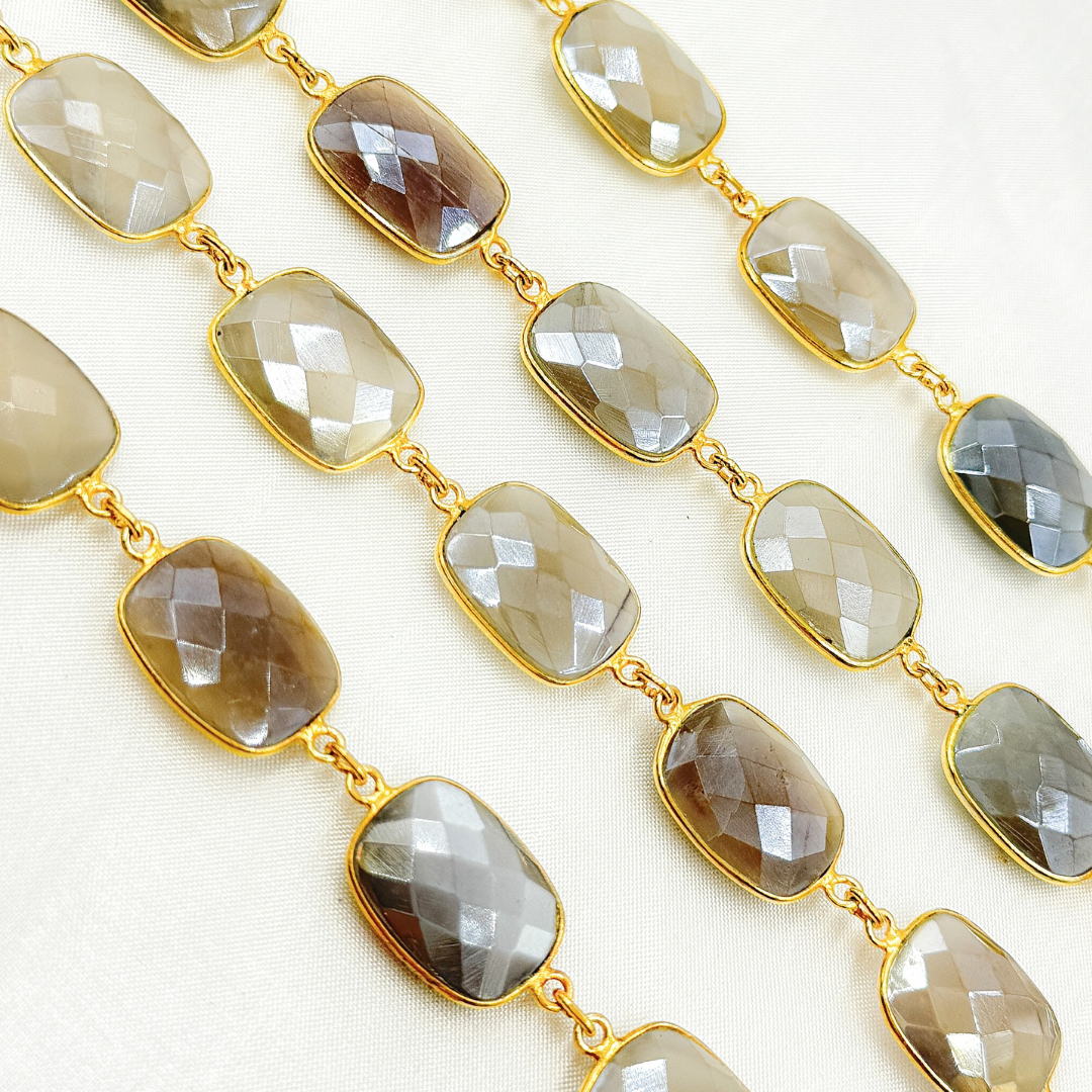 Coated Grey Moonstone Rectangular Shape Bezel Gold Plated Silver Wire Chain