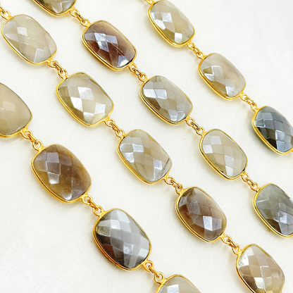 Coated Grey Moonstone Rectangular Shape Bezel Gold Plated Silver Wire Chain