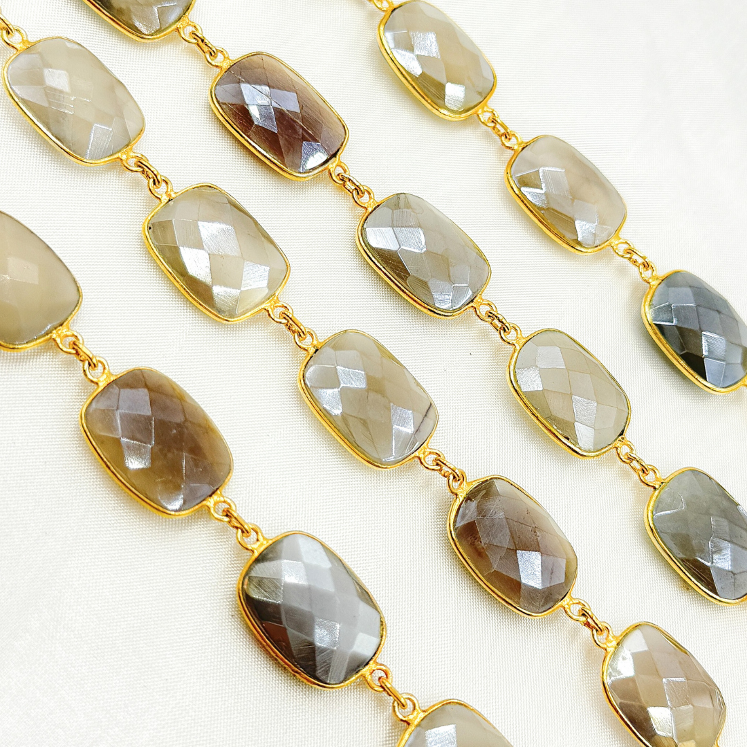 Coated Grey Moonstone Rectangular Shape Bezel Gold Plated Silver Wire Chain. CMS27