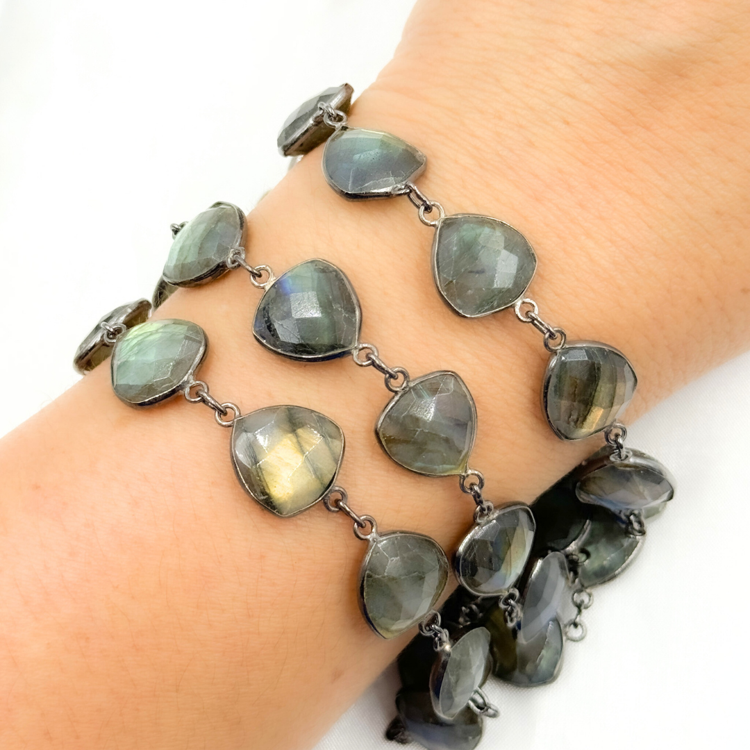 Labradorite Triangle Shape Bezel Oxidized Wire Chain. LAB23