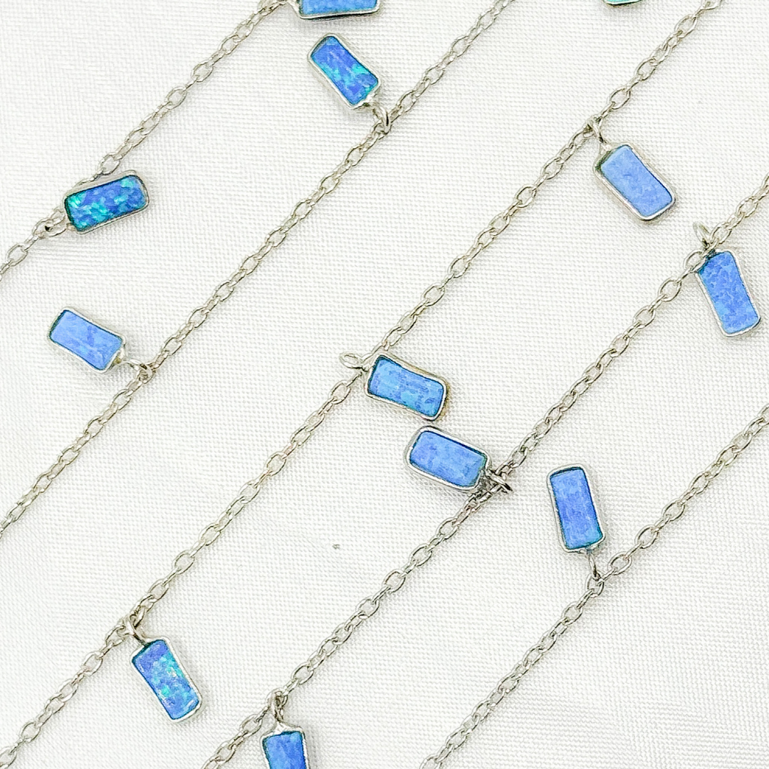 Created Blue Opal Rectangular Shape Dangle Chain.