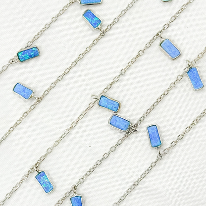 Created Blue Opal Rectangular Shape Dangle Chain.
