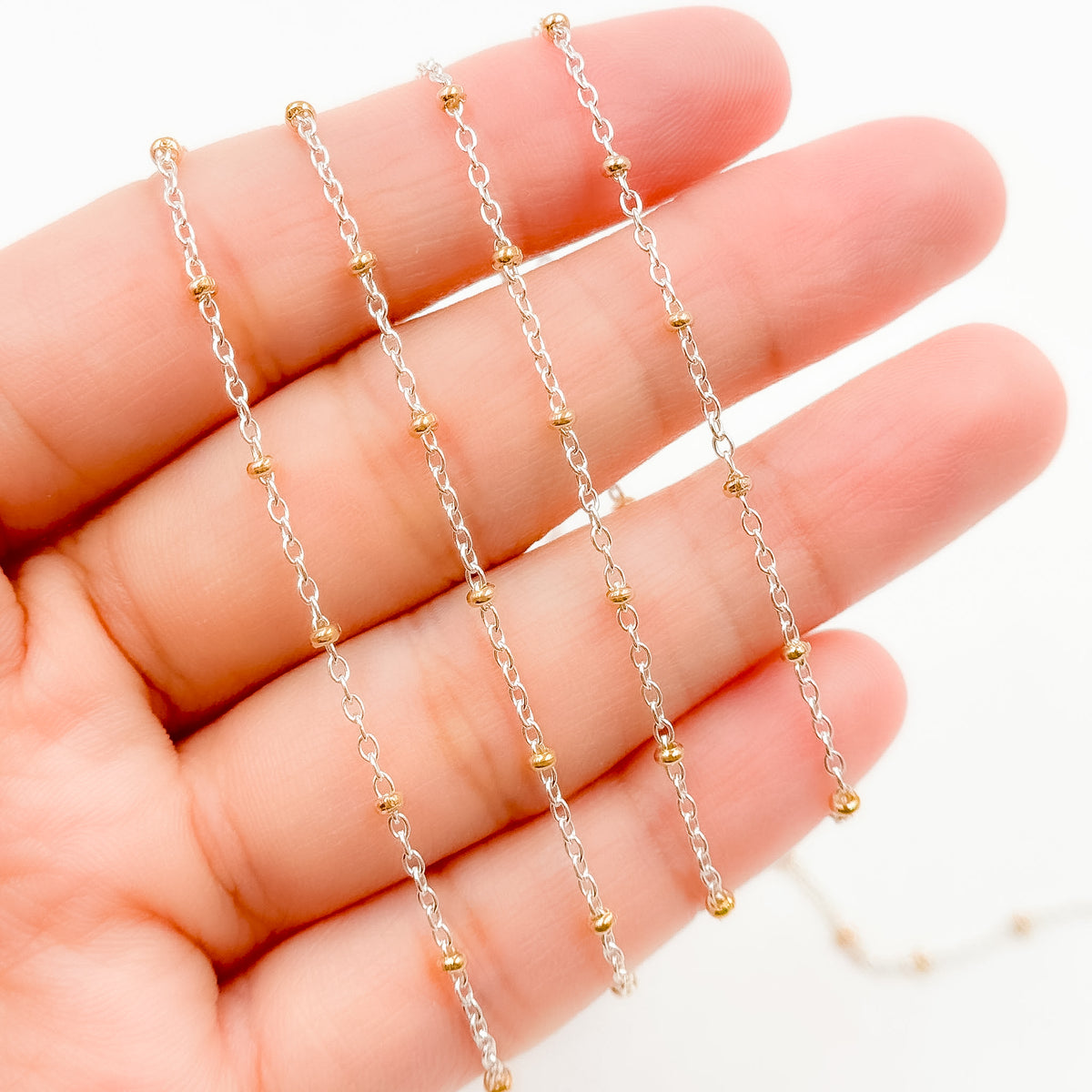 XM/S1322E/11G/SP. Sterling Silver Cable Chain with 14K Gold Filled Beads – Mixed Metal Design