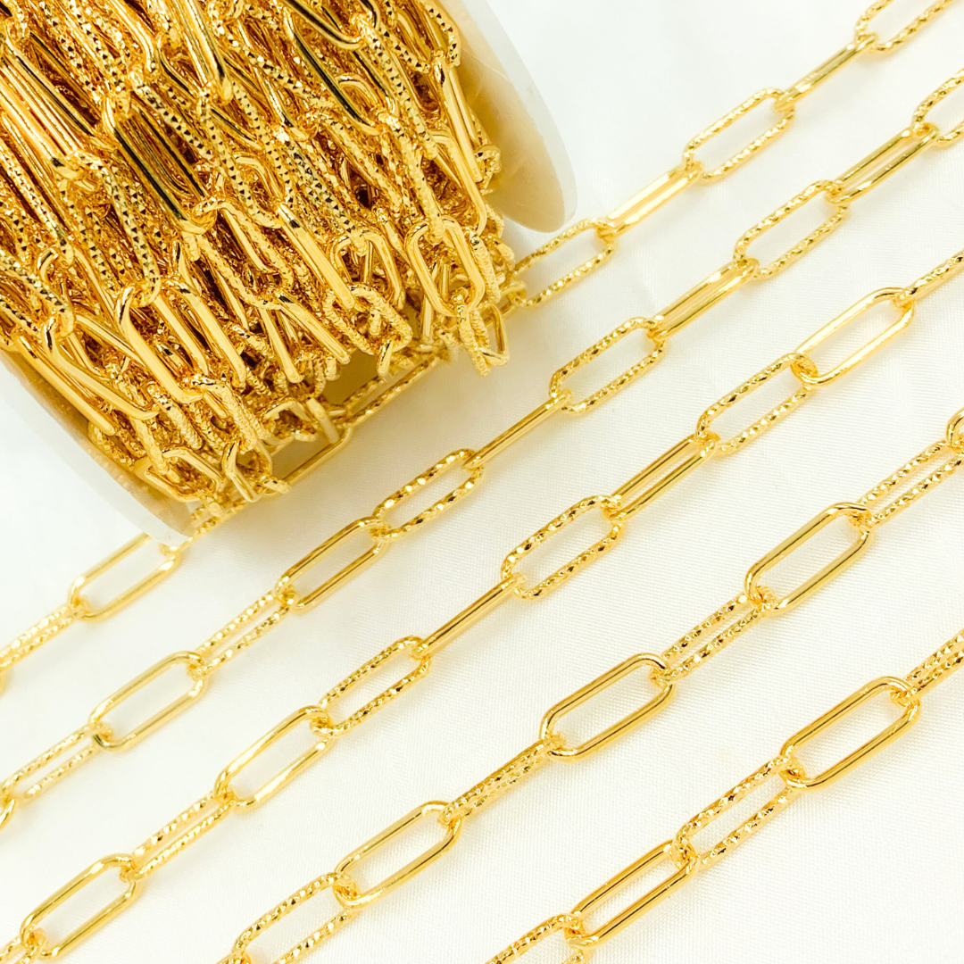 Gold Plated 925 Sterling Silver Smooth & Dimond Cut Link Paperclip Chain