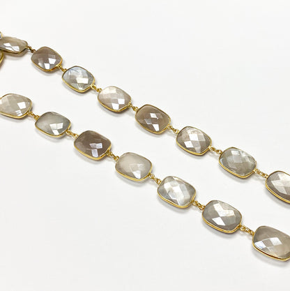 Coated Grey Moonstone Rectangular Shape Bezel Gold Plated Silver Wire Chain