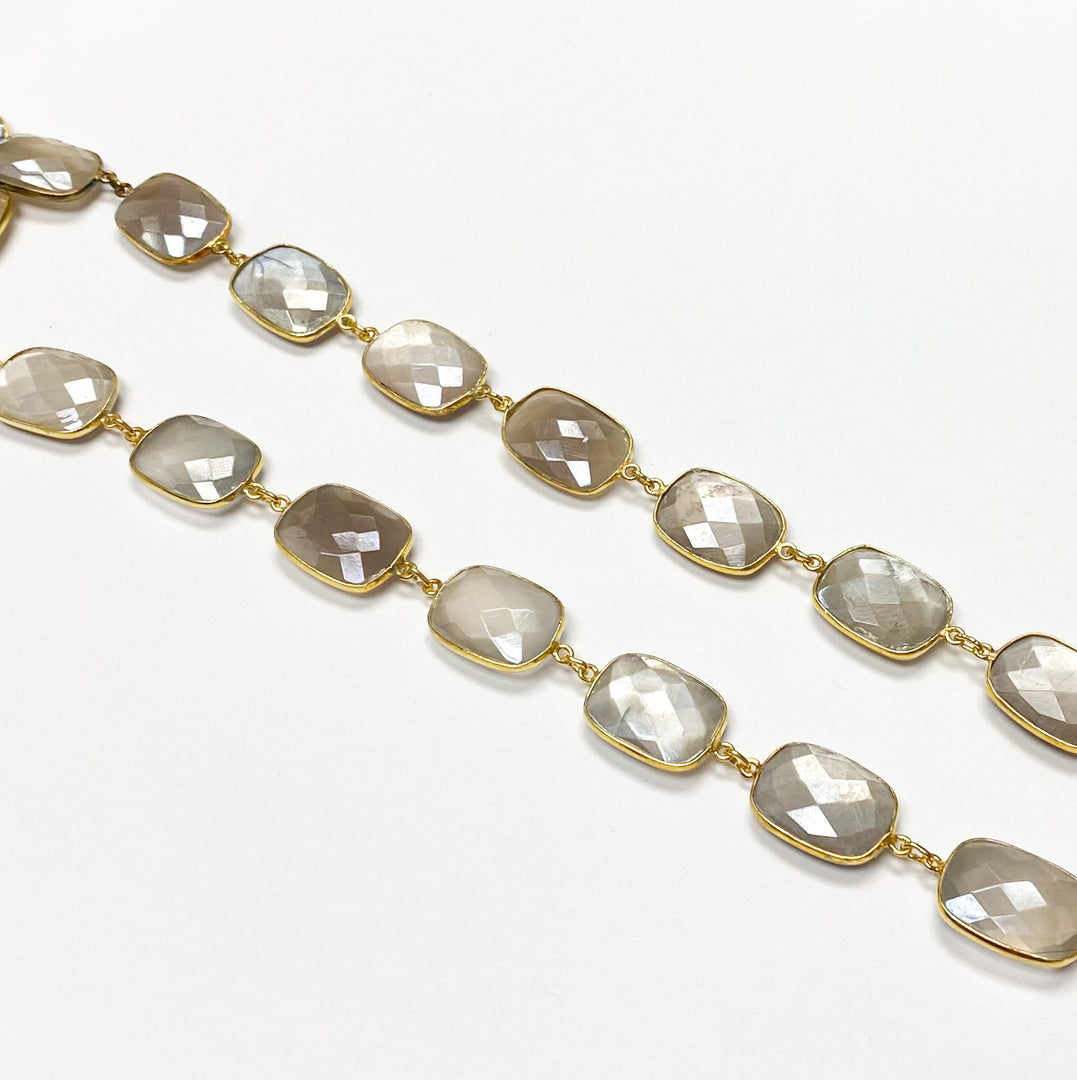 Coated Grey Moonstone Rectangular Shape Bezel Gold Plated Silver Wire Chain. CMS27