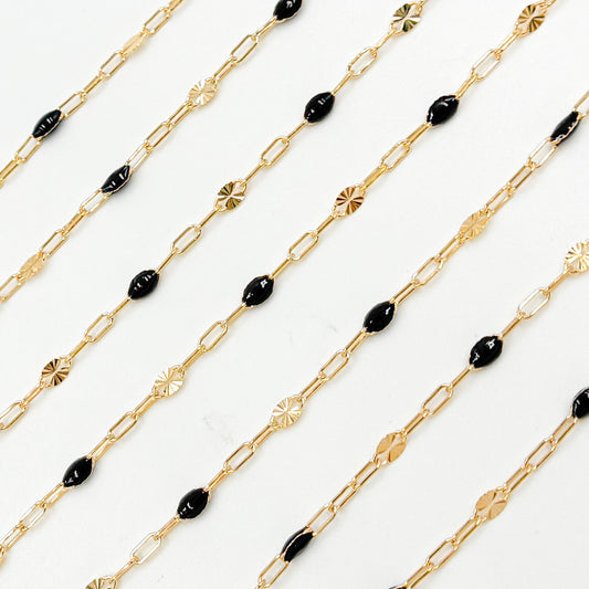 V295BKGF. 14K Gold Filled Black Color Enamel with Paperclip and Diamond Cut Marina Links