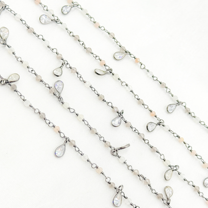 Multi Moonstone & CZ Dangle Oxidized Wire Chain.