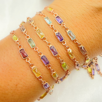 Multi Color Cubic Zirconia Rectangular Shape Connected Chain