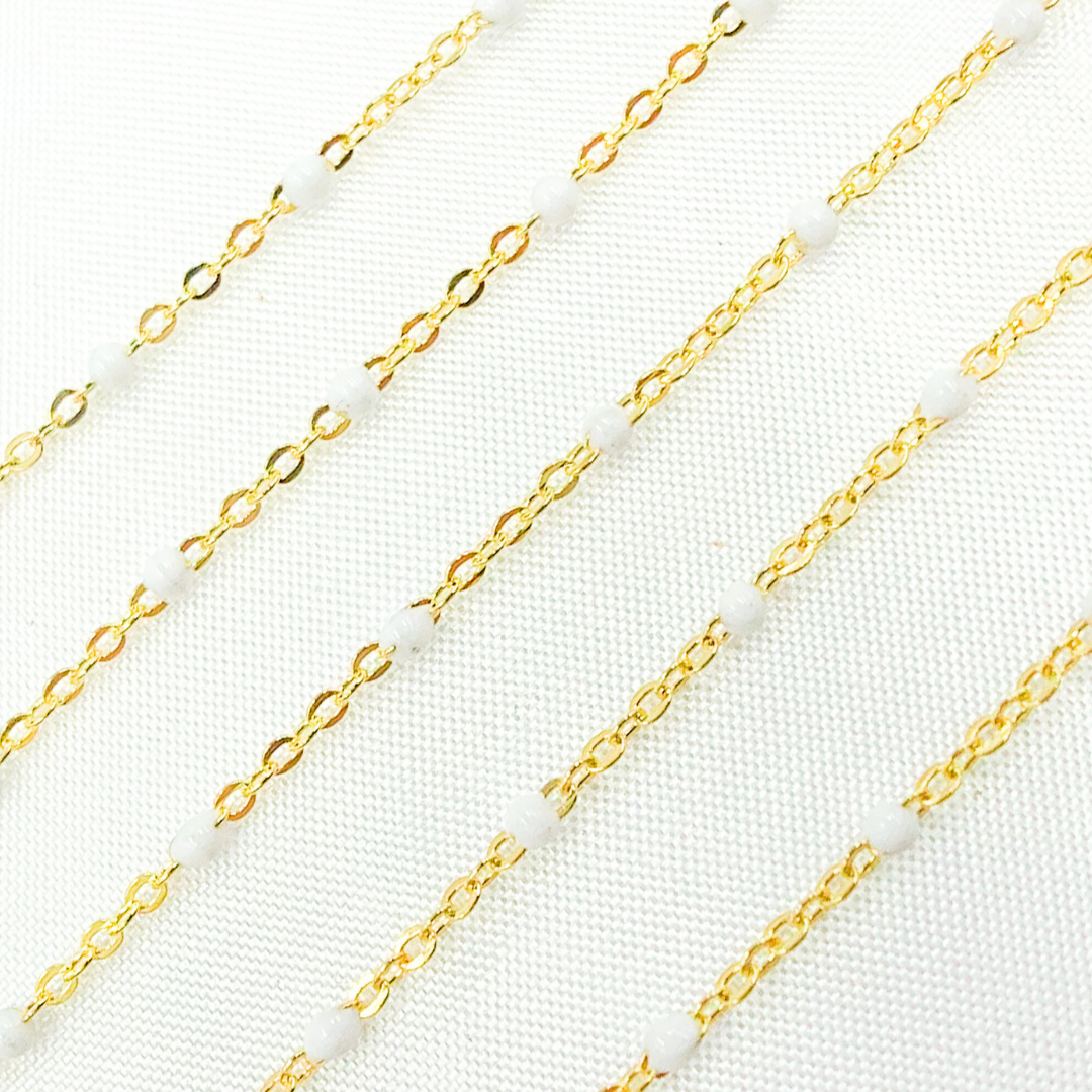 14K Solid Yellow Gold Enamel White Color Cable Chain