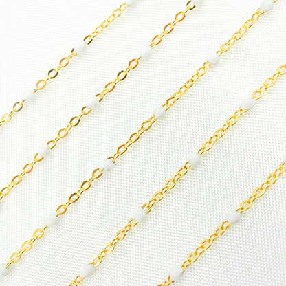 14K Solid Yellow Gold Enamel White Color Cable Chain