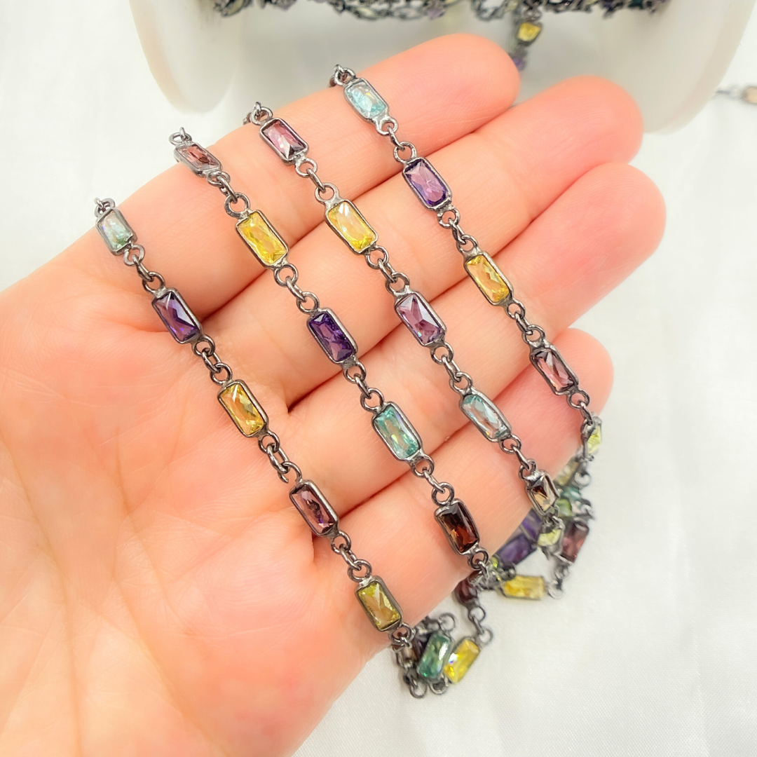 Multi Color Cubic Zirconia Rectangular Shape Connected Chain