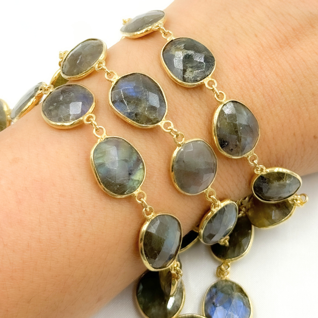 Labradorite Organic Shape Bezel Gold Plated Wire Chain. LAB31