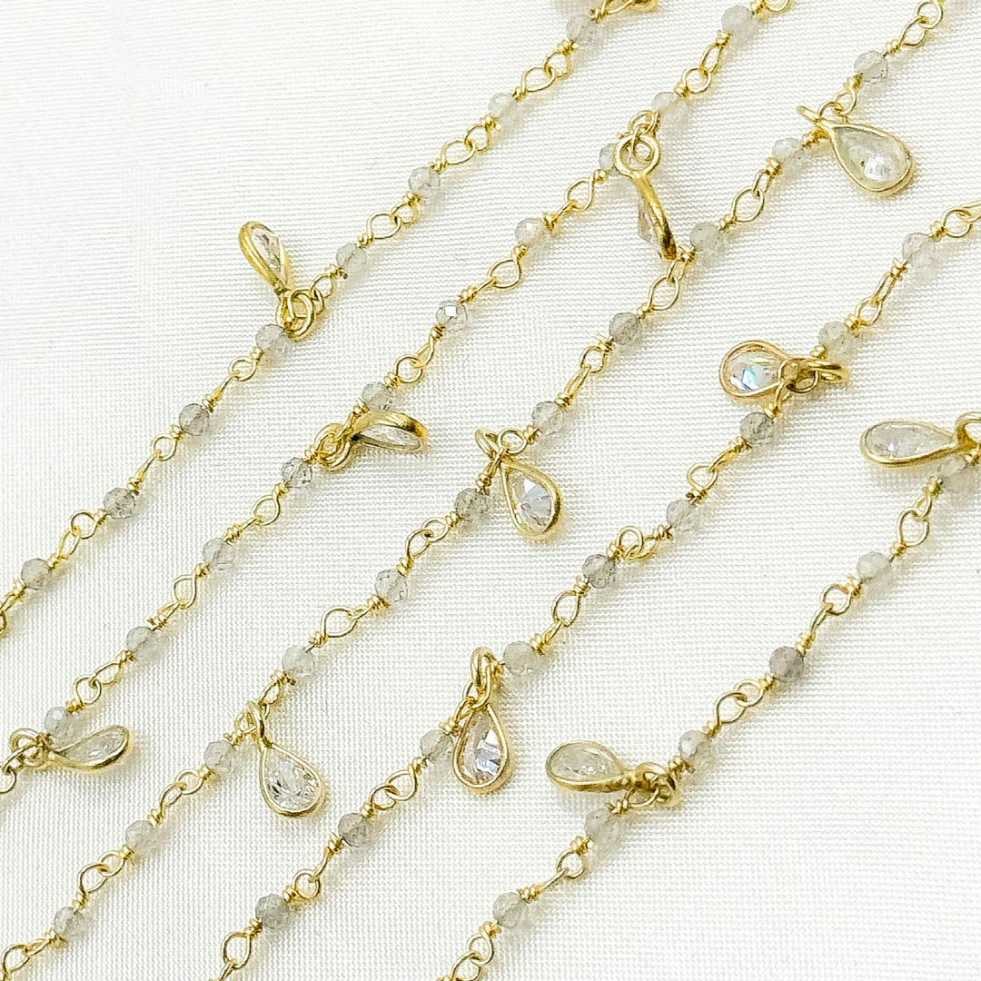 Labradorite & CZ Dangle Gold Plated Wire Chain.