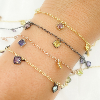Multi Color Cubic Zirconia Square Shape Dangle Chain