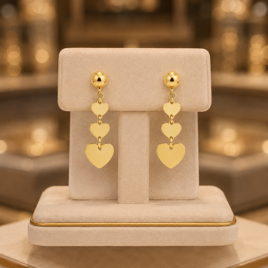 GER118. 14K Solid Gold Dangle Earring with Hearts