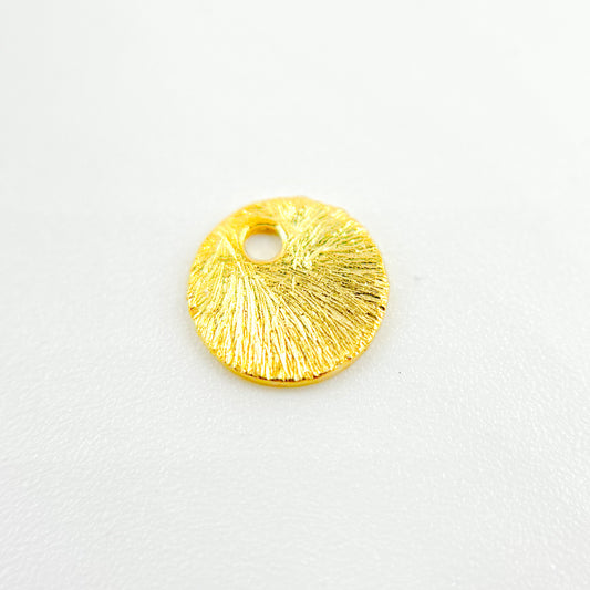 Gold-plated sterling silver brushed round flat disc charm with a single hole