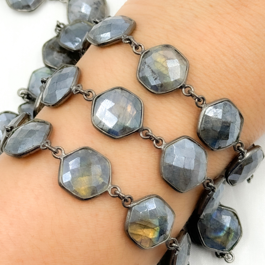 Coated Labradorite Hexagon Shape Bezel Oxidized Wire Chain. CLB8