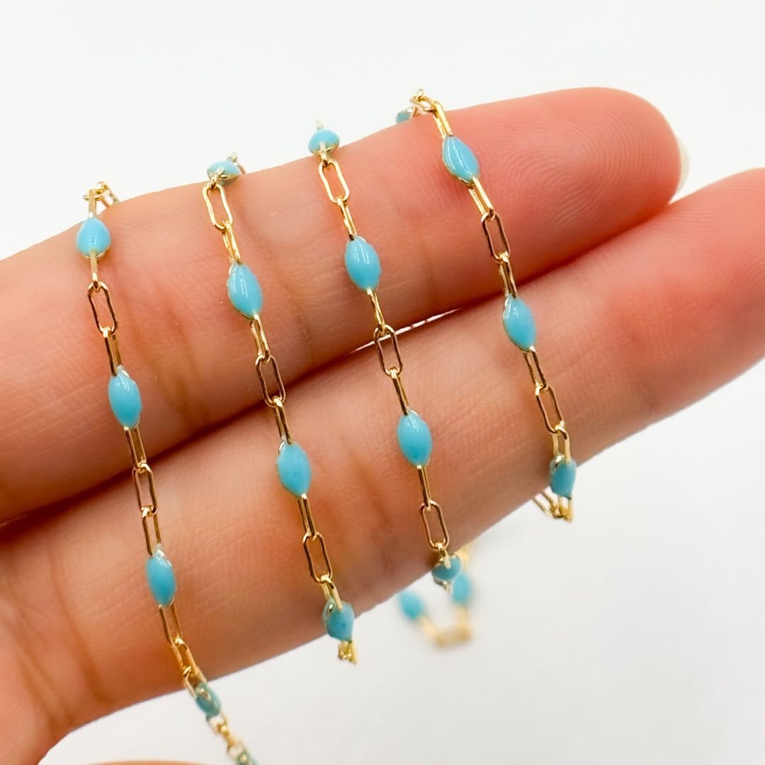 V250-TURGF. 14k Gold Filled Turquoise Color Enamel Satellite Cable Chain