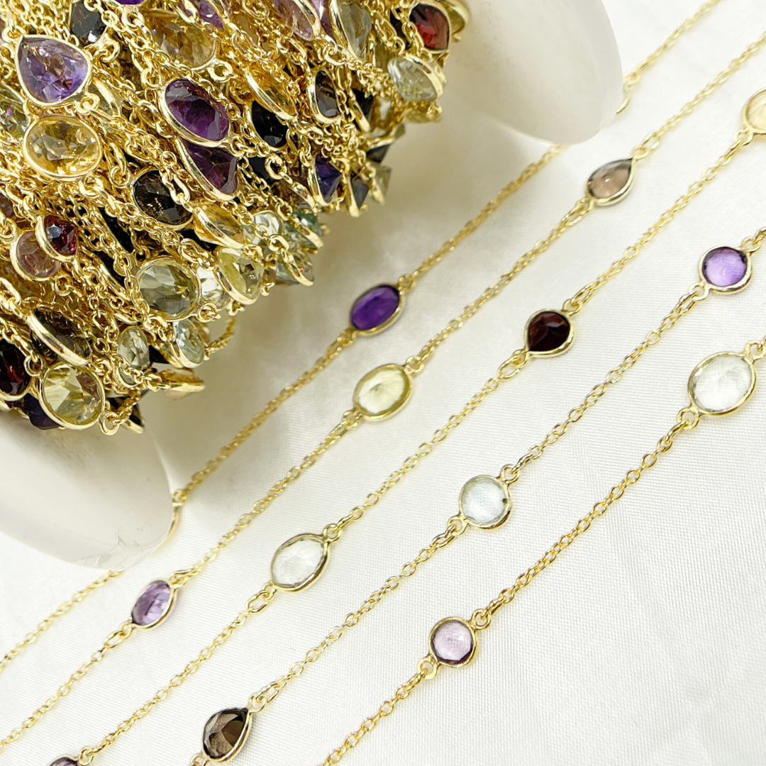 Multi Gemstone Organic Shape Gold Plated Connected Wire Chain