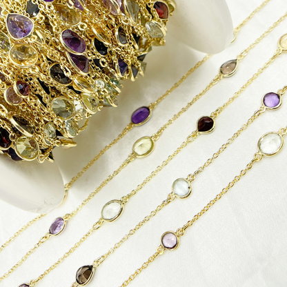 Multi Gemstone Organic Shape Gold Plated Connected Wire Chain