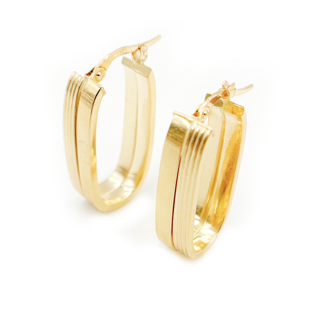 15850022147. 14K Solid Gold Smooth and Ribbed Rectangular Hollow Hoop Earrings