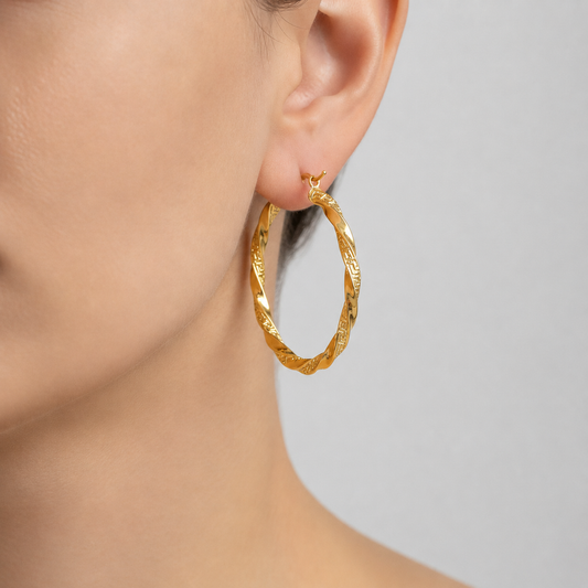 GER181. 14K Solid Gold Twisted Hollow Hoop with Engraved