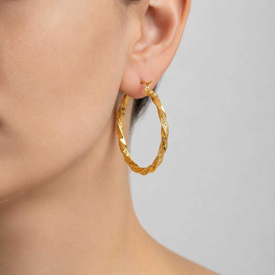 GER181. 14K Solid Gold Twisted Hollow Hoop with Engraved