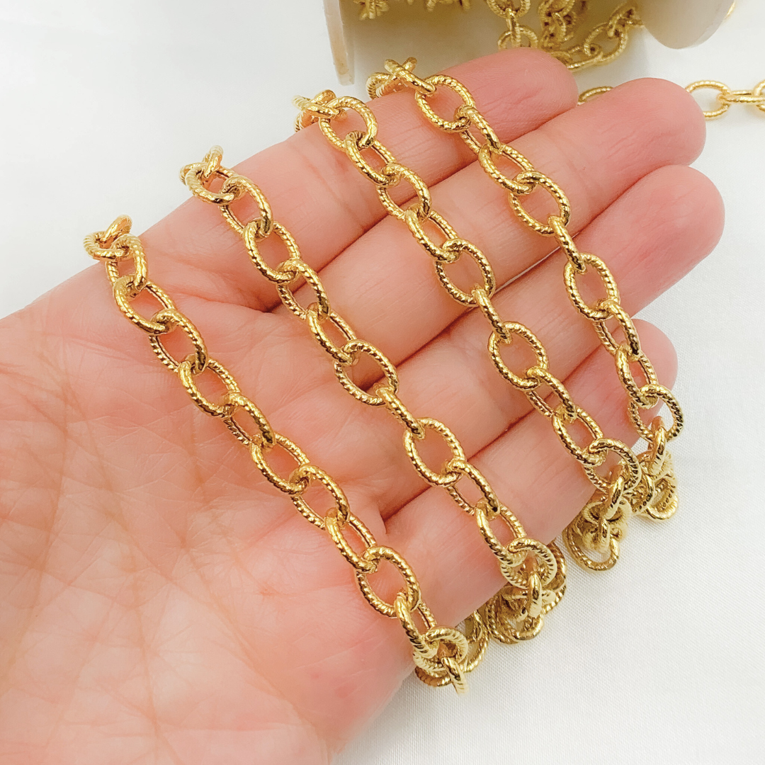 V59GP. Gold Plated 925 Sterling Silver Textured Oval Link Chain