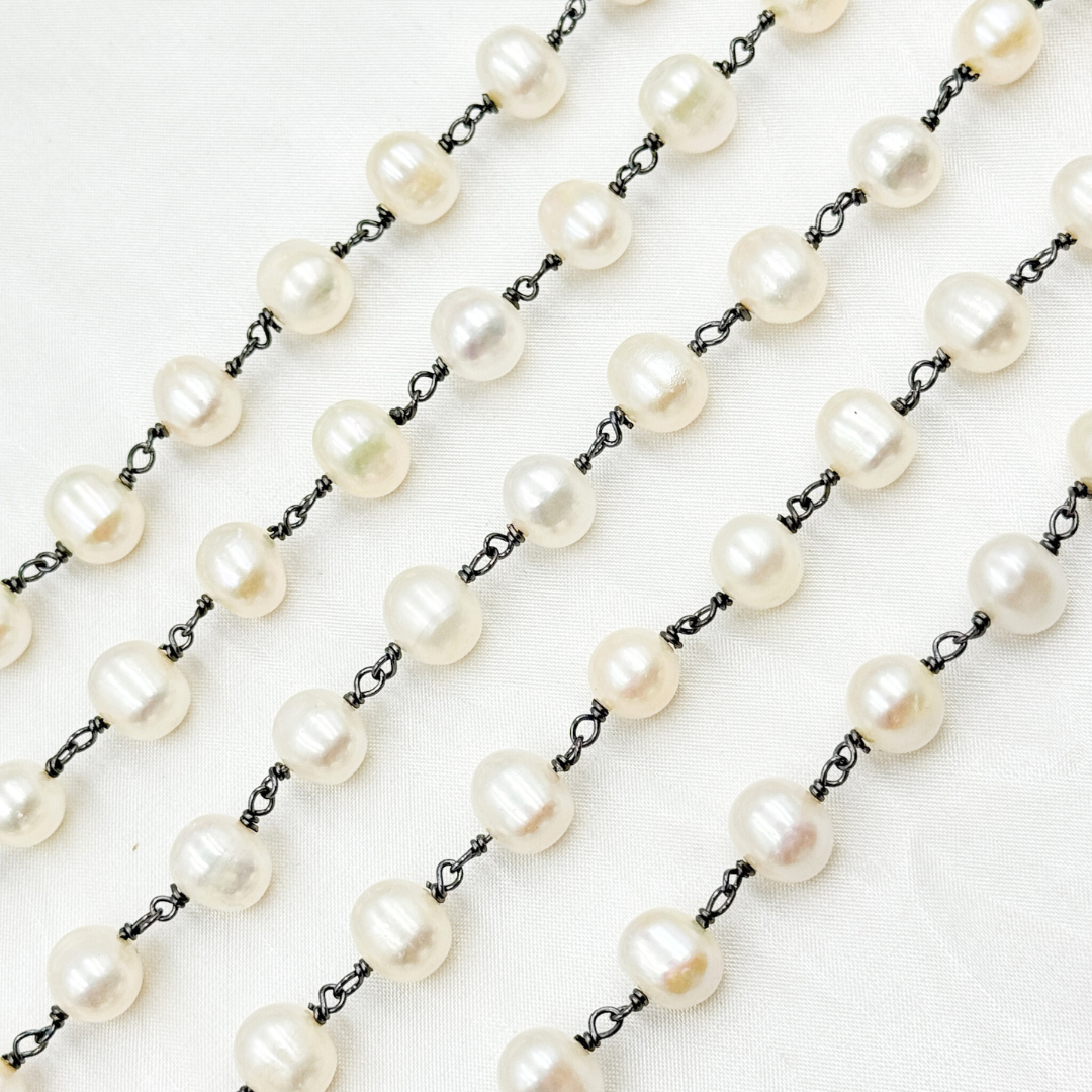 Oval White Freshwater Pearl Wire Wrap Chain.
