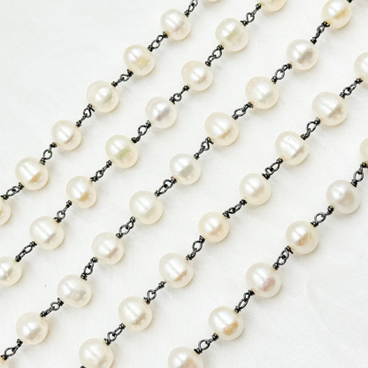 Oval White Freshwater Pearl Wire Wrap Chain.