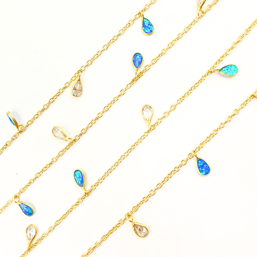 Created Blue Opal & CZ Tear Drop Shape Dangle Chain.
